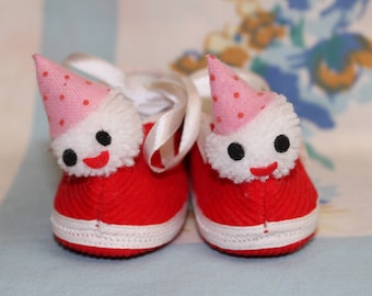 Baby Shoes, Red Corduroy Baby Shoes, Clown Baby Shoes, Vintage, Japan