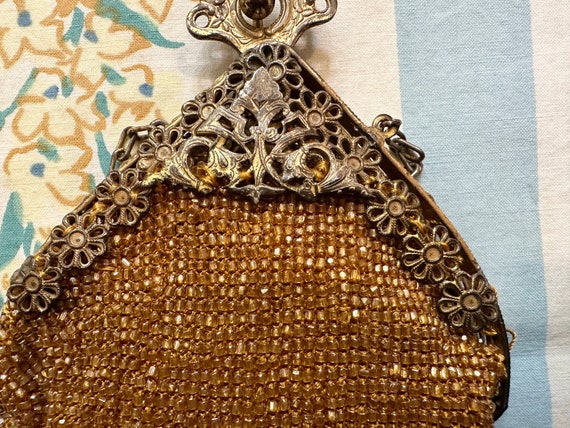 Beaded Purse, Art Nouveau Purse, Gold beaded meta… - image 4