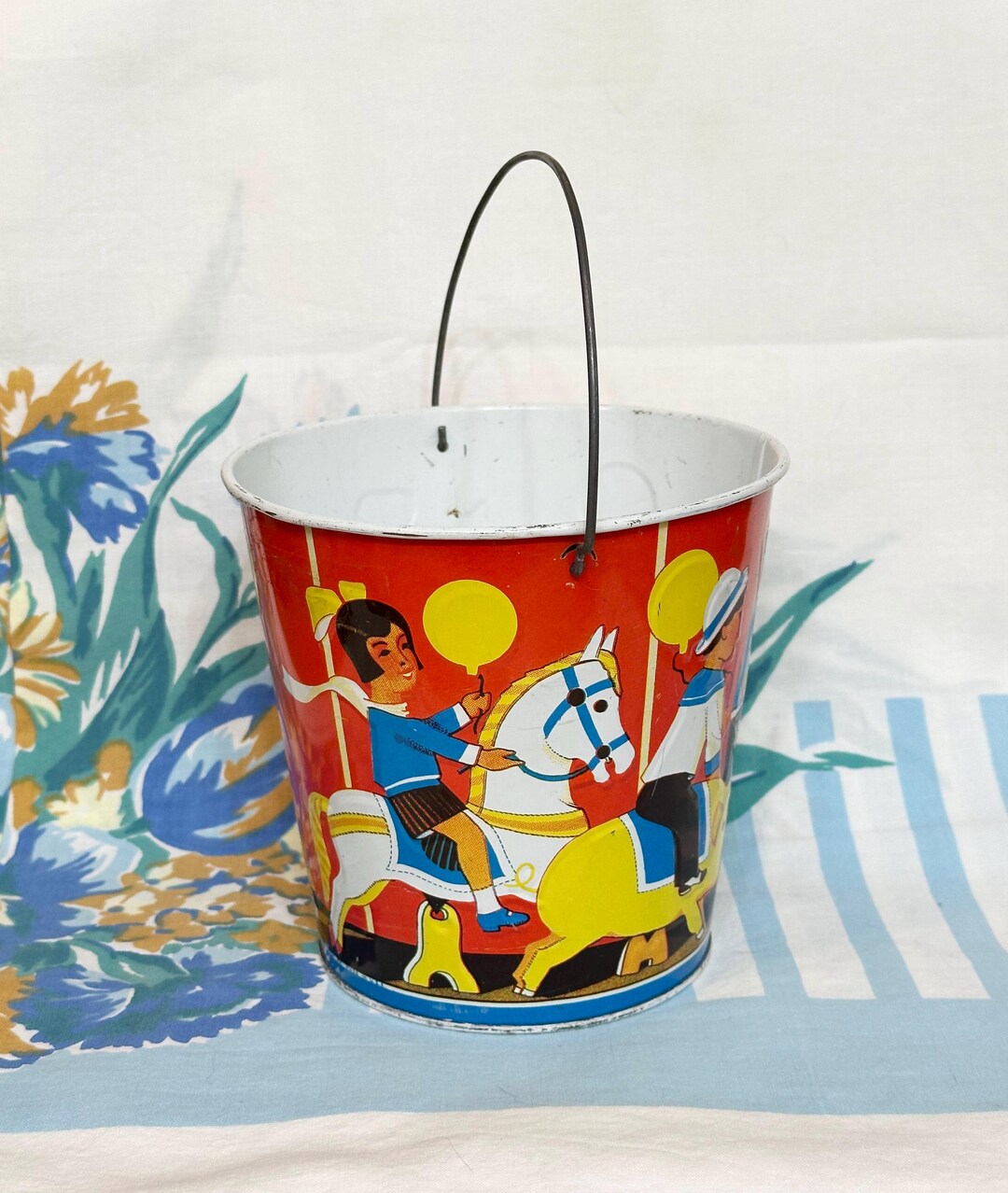 Tin Red Pail With Carousel, Child's Sand Bucket, by Wolverine