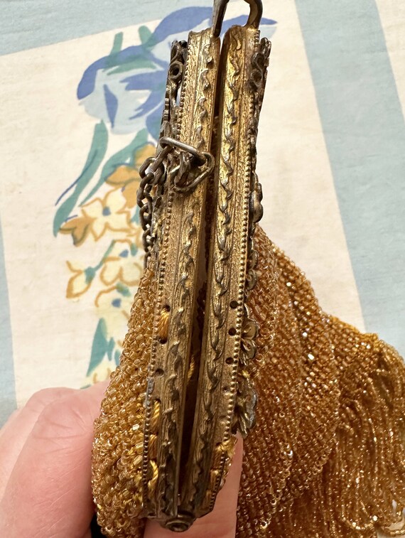 Beaded Purse, Art Nouveau Purse, Gold beaded meta… - image 8