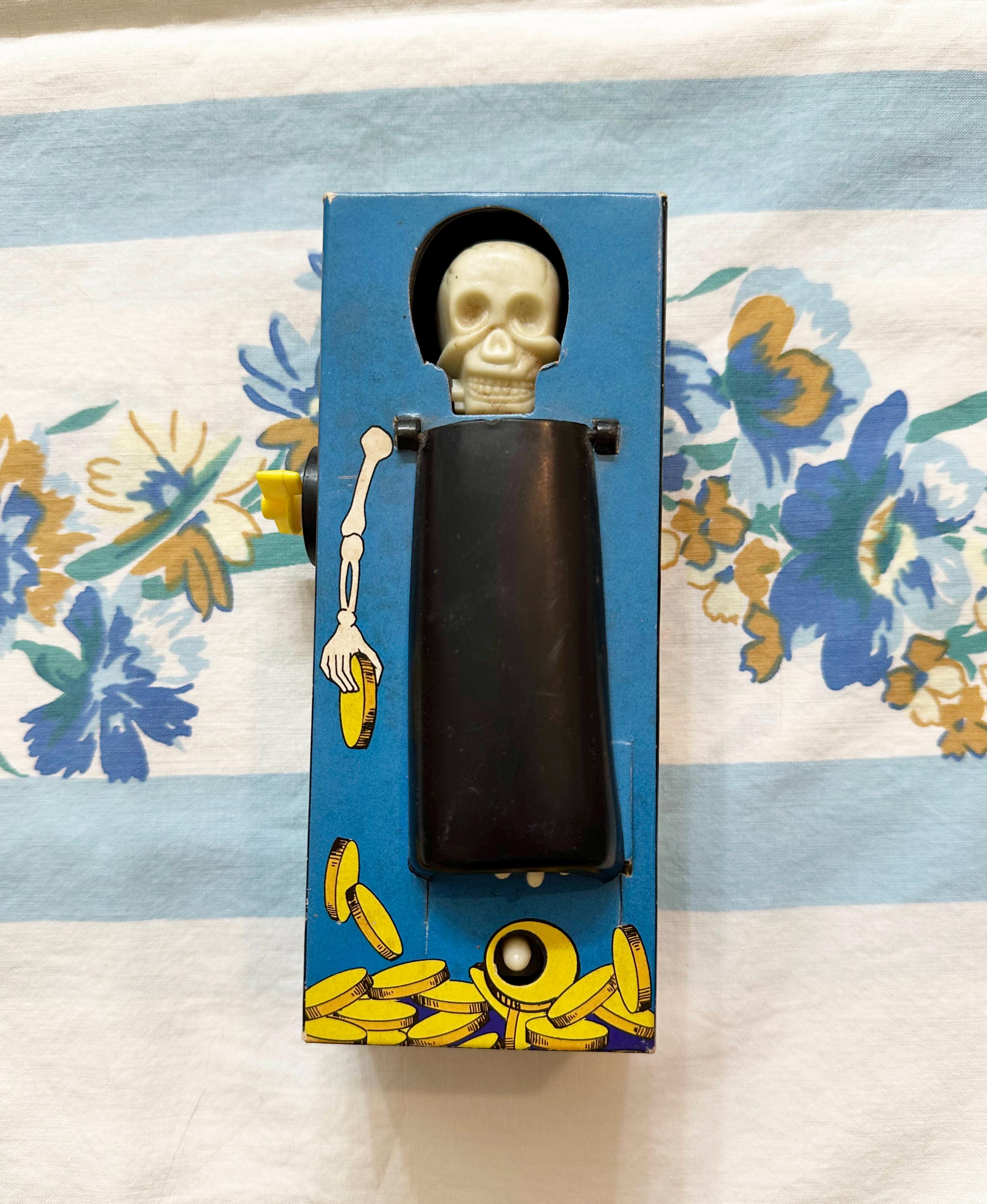 Coffin Bank, Wind-up Mechanical Skeleton Bank, Amscan Bank, 1970s