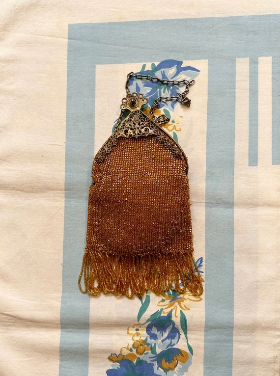Beaded Purse, Art Nouveau Purse, Gold beaded meta… - image 1