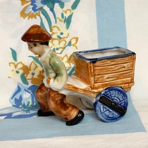Indoor Planter, Toothpick Holder, Boy pulling cart Planter, Occupied Japan, 1950s
