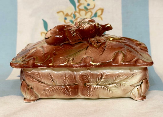 Trinket Box, Jewelry Box, Leaf Pattern Trinket box, Porcelain Trinket Box, 1940s View 3