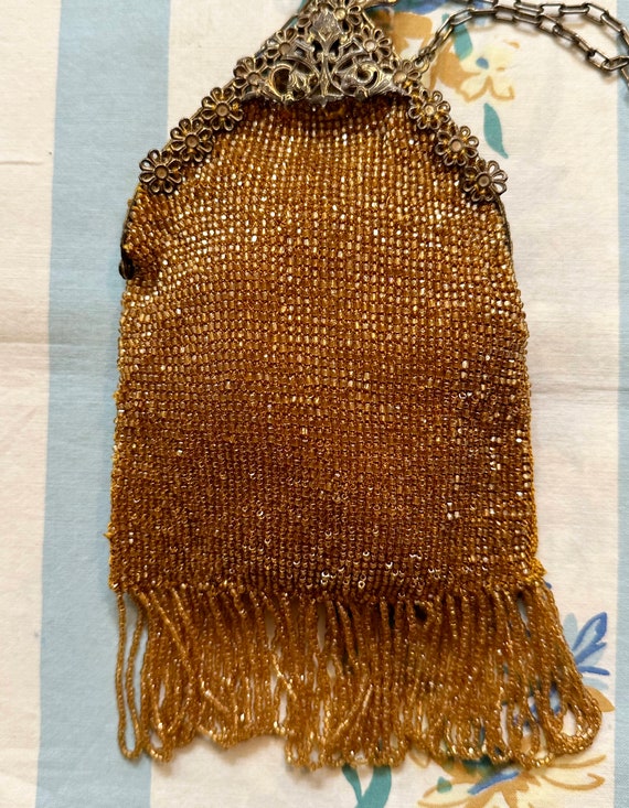 Beaded Purse, Art Nouveau Purse, Gold beaded meta… - image 2