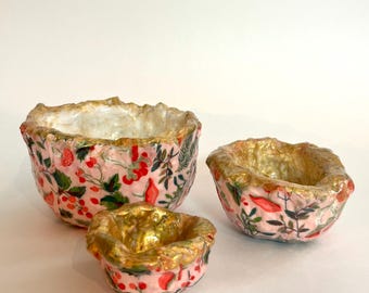 Handmade Paper Mache Bowl: Botanical Mushroom Print, Pink Decor