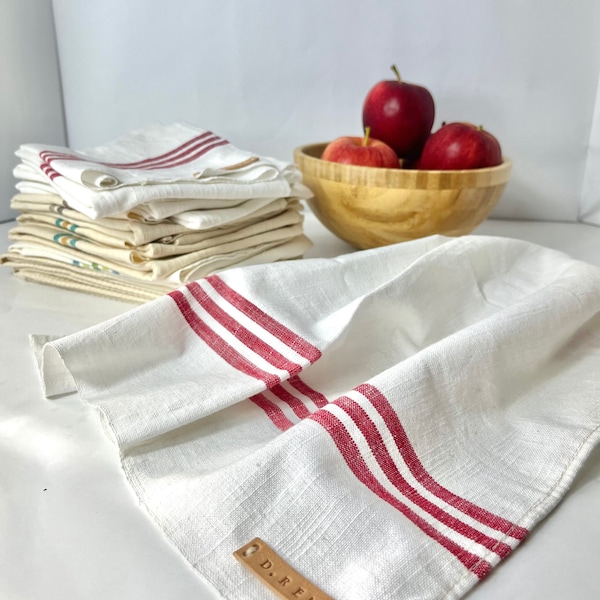 Kitchen Dish Towel, Cotton Towel, Linen, Red, Striped, Farmhouse Style, Cottage Style, Textiles, Handmade, Kitchen Decor, Minimalist
