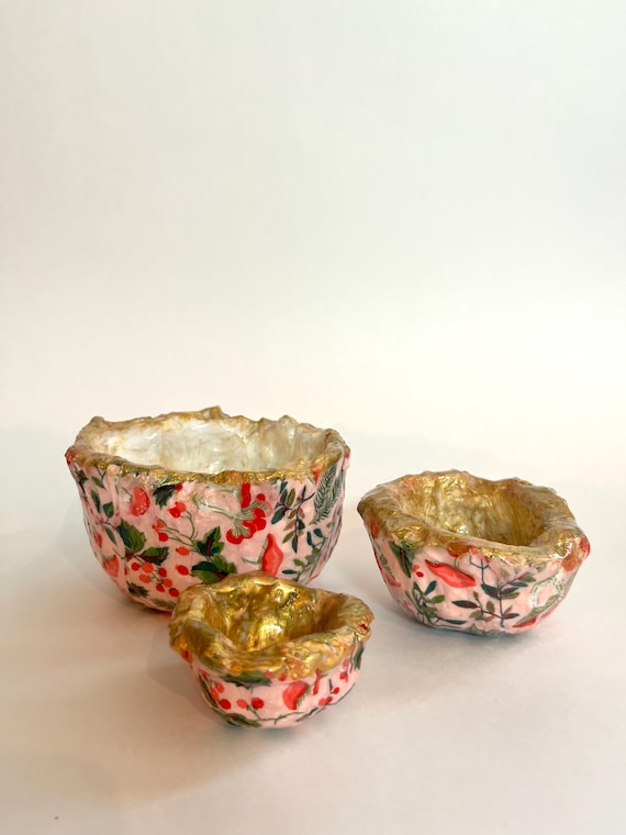 Handmade Paper Mache Bowl: Botanical Mushroom Print, Pink Decor