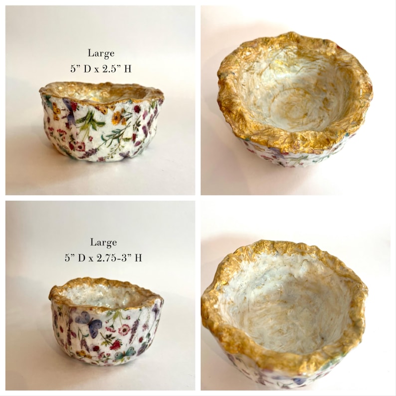 Pode incluir: Duas tigelas decorativas com padr&otilde;es florais e bordas douradas. As tigelas s&atilde;o rotuladas como "Large" e medem 12,7 cm de di&acirc;metro e 6,35 a 7,62 cm de altura. As tigelas t&ecirc;m um interior branco.