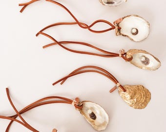 Oyster Napkin Ties, Leather Napkin Bands, Coastal Decor, Serviette Rings