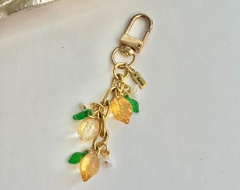 Glass Lemon Bag Charm with White Flowers: Handmade Purse Accessory