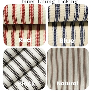 May include: Close-up of four fabric swatches with vertical stripes. The swatches are labeled "Red", "Blue", "Black", and "Natural". The red swatch has red stripes on a cream background. The blue swatch has blue stripes on a cream background. The black swatch has black stripes on a white background. The natural swatch has brown stripes on a cream background.