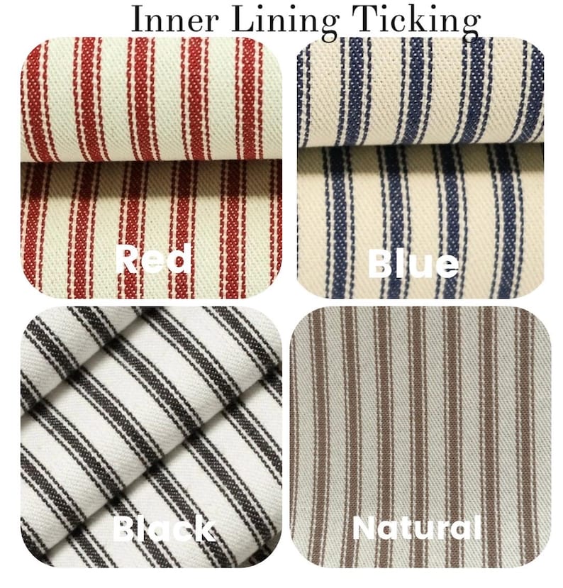 May include: Close-up of four fabric swatches with vertical stripes. The swatches are labeled "Red", "Blue", "Black", and "Natural". The red swatch has red stripes on a cream background. The blue swatch has blue stripes on a cream background. The black swatch has black stripes on a white background. The natural swatch has brown stripes on a cream background.