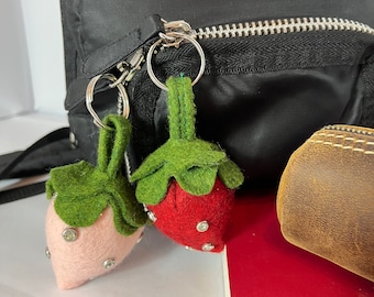 Strawberry Wool Felt Key Charm, Silver, Key Chain, Key Chains for Women, Felt Shapes, Felt Pompoms, Wool Fruit, Summer. Key Ring