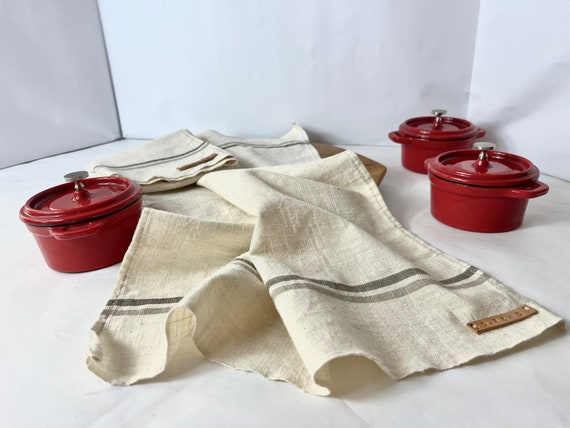 Kitchen Dish Towel Grey Natural Tan Striped Linen 
