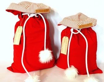 Canvas Santa Sack: Faux Fur Poms & Leather Tag - Holiday Decor