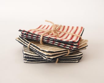 Reversible Denim & Cotton Coasters: Farmhouse Style - Set of 4
