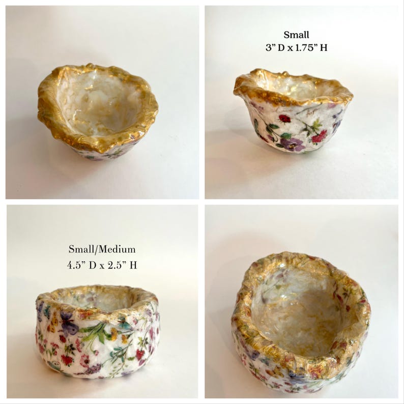 Pode incluir: Quatro pequenas tigelas decorativas de cer&acirc;mica. Duas tigelas t&ecirc;m um padr&atilde;o floral com borda dourada, e as outras duas t&ecirc;m borda dourada. A tigela pequena tem 7,6 cm de di&acirc;metro e 4,4 cm de altura. A tigela pequena/m&eacute;dia tem 11,4 cm de di&acirc;metro e 6,4 cm de altura.