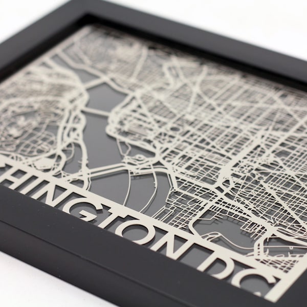 Washington DC Stainless Steel Laser Cut Map - 5x7" Framed - Metal Wall Art - Map Art - City Map - Office Decor - Desk Decor - Map Art