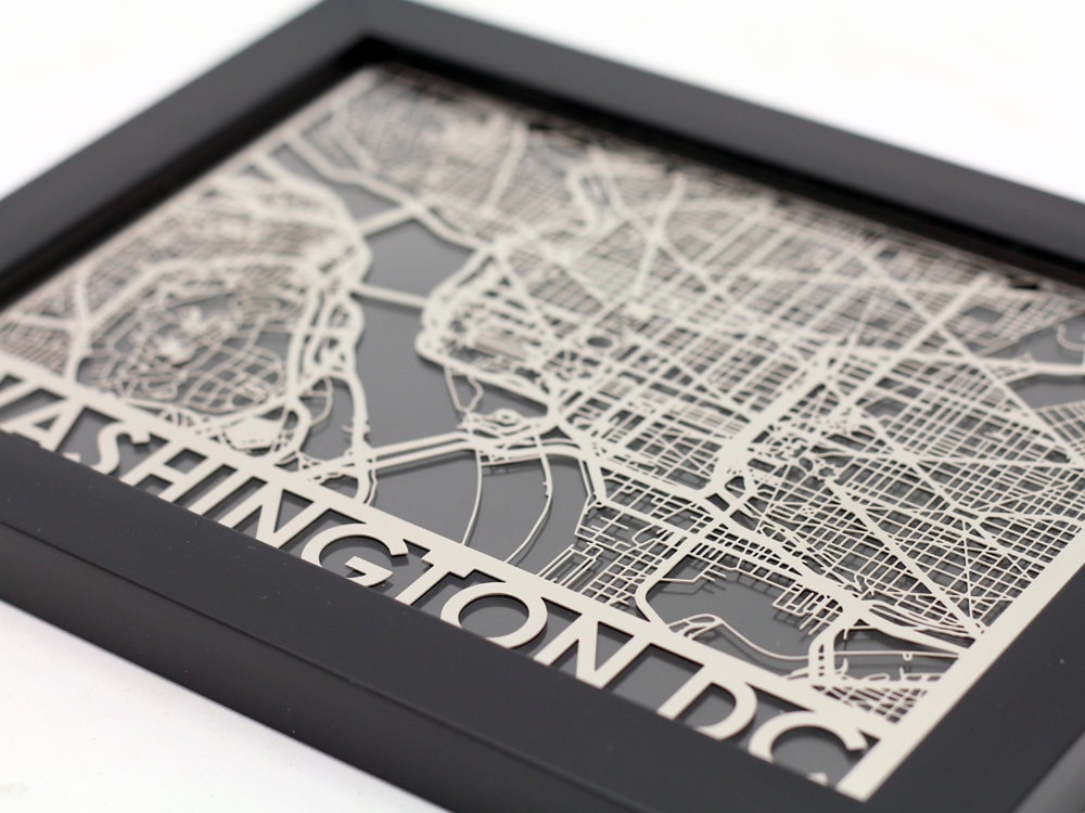 Washington DC Stainless Steel Laser Cut Map - 5x7" Framed - Meta…