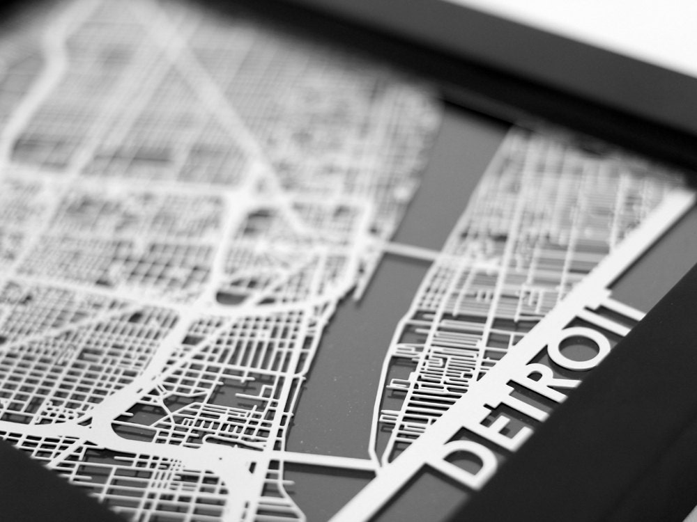 Detroit Michigan 5x7" Framed Stainless Steel Laser Cut Map -Fath…