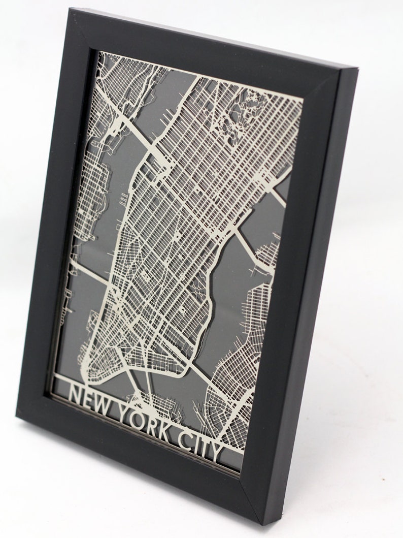 New York City Stainless Steel Laser Cut Map 5x7 Framed Etsy