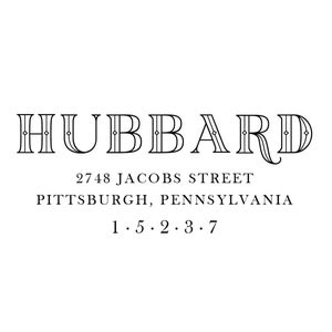 Może przedstawiać: Czarno-białe zdjęcie wizytówki z tekstem "HUBBARD" w ozdobnym kroju pisma. Adres to "2748 JACOBS STREET PITTSBURGH, PENNSYLVANIA 1.5.2.3.7"
