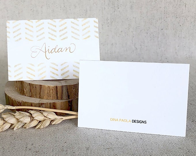 Featured listing image: SIGNAGE & DECOR | GLDC1 | 2" x 3" Tented Card | Golden Chevron | Editable Place Card, Seating Card, Wedding Place Card, Party Seating Card