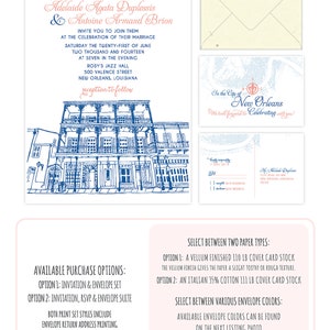 May include: A wedding invitation suite with a French Quarter theme. The invitation features a hand-drawn illustration of a building with balconies and the text "Adelaide Agata Duplessis & Antoine Armand Brion". The RSVP postcard features a map of New Orleans with the text "In the City of New Orleans".