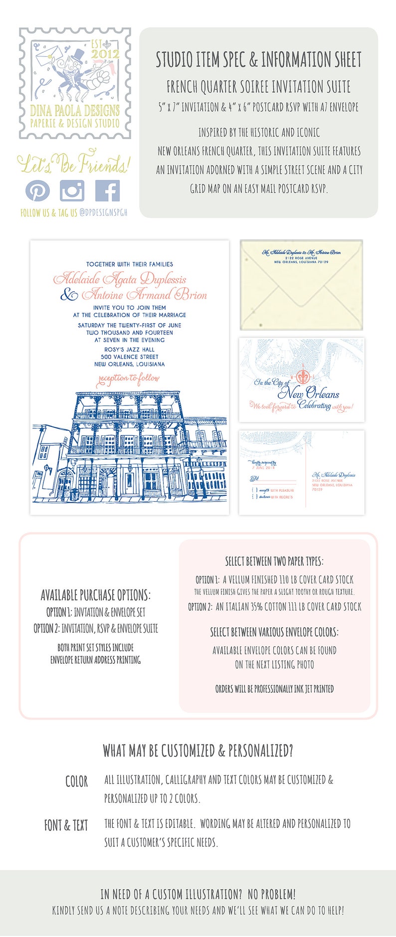 May include: A wedding invitation suite with a French Quarter theme. The invitation features a hand-drawn illustration of a building with balconies and the text "Adelaide Agata Duplessis & Antoine Armand Brion". The RSVP postcard features a map of New Orleans with the text "In the City of New Orleans".