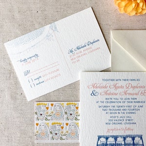 May include: Wedding invitation with a blue and white illustration of a building with balconies. The invitation is for Adelaide Agata Duplessis and Antoine Armand F. The invitation states the wedding will take place on Saturday, June 21, 2014 at 7:00 PM at Rosy's Jazz Hall in New Orleans, Louisiana.