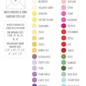 May include: A color chart for paper and envelope options for stationery. The chart includes a variety of colors for paper and envelopes, including white, cream, yellow, orange, red, pink, purple, blue, green, and gray. The chart also includes a variety of sizes for envelopes, including 2.75 inches, 4.25 inches, 5 inches, 5.5 inches, 6 inches, 6.5 inches, and 7.5 inches.