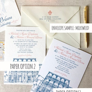 May include: Two wedding invitation designs featuring a hand-drawn illustration of a building in New Orleans. The text on the invitation reads "Adelaide Agata Duplessis & Antoine Armand Brion" and includes the date and time of the wedding. The text "Paper Option 1" and "Paper Option 2" is printed below each design.