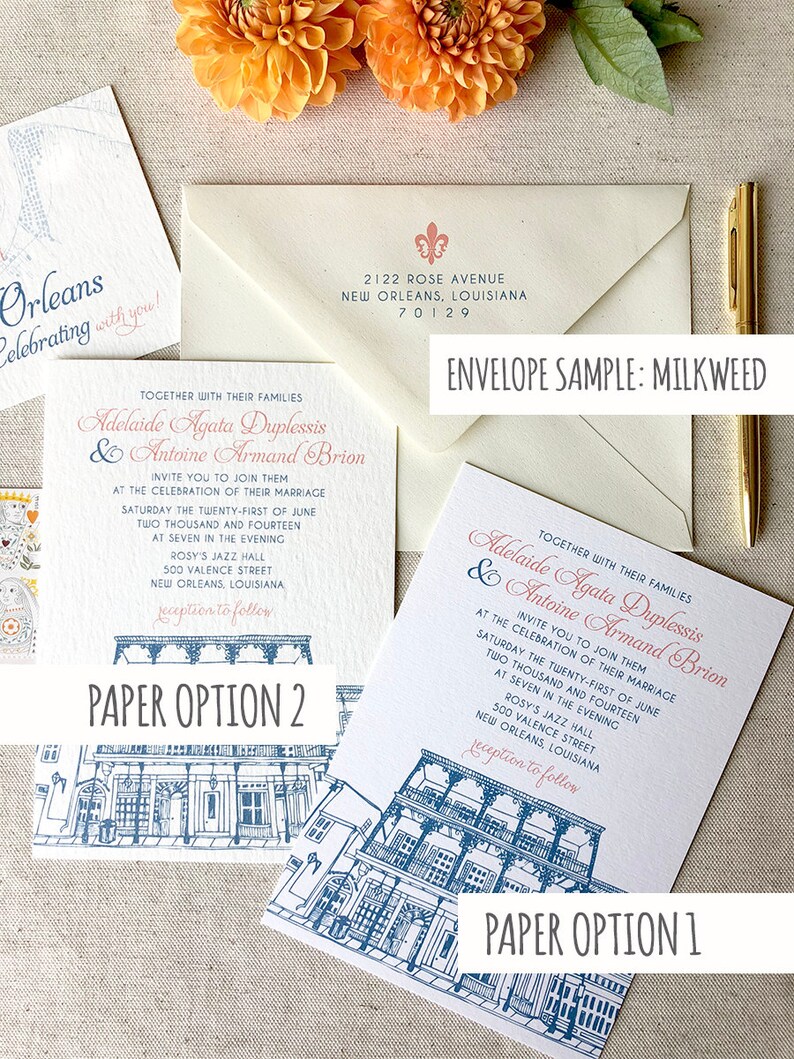 May include: Two wedding invitation designs featuring a hand-drawn illustration of a building in New Orleans. The text on the invitation reads "Adelaide Agata Duplessis & Antoine Armand Brion" and includes the date and time of the wedding. The text "Paper Option 1" and "Paper Option 2" is printed below each design.