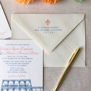 May include: A wedding invitation with a blue and white illustration of a building with the text "Adelaide Agata Duplessis & Antoine Armand Brion" and "reception to follow".