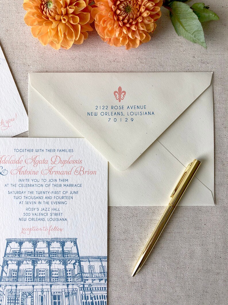 May include: A wedding invitation with a blue and white illustration of a building with the text "Adelaide Agata Duplessis & Antoine Armand Brion" and "reception to follow".