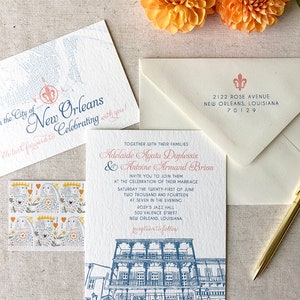 May include: Wedding invitation with a blue and white illustration of a building in New Orleans. The invitation is for Adelaide Agata Duplessis and Antoine Armand Brion, and the wedding will be held at Rosy's Jazz Hall on June 21, 2014 at 7:00 PM.