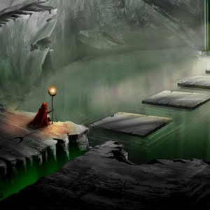 May include: A person in a red cloak stands on a rocky ledge overlooking a green, misty cavern. A path of stone slabs leads to a glowing doorway at the far end of the cavern.