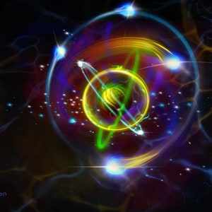 Könnte beinhalten: Eine farbenfrohe abstrakte Illustration eines Kohlenstoffatoms mit einem leuchtend gelben Kern und grünen, blauen und gelben Elektronenschalen. Der Hintergrund ist schwarz mit einem wirbelnden Muster aus Licht.