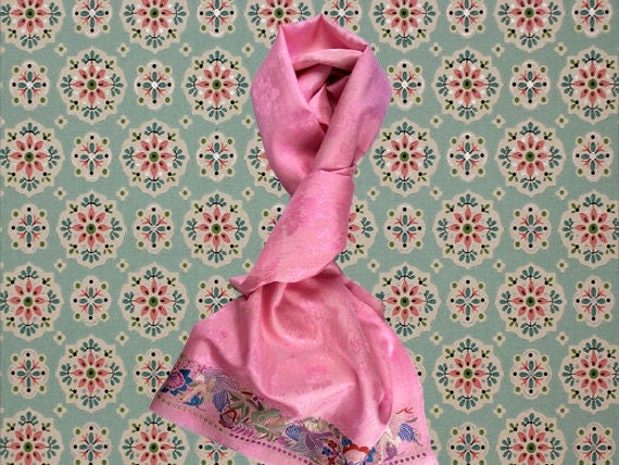 vintage PINK SILK PARSI Scarf  / Textile - Silk B… - image 1