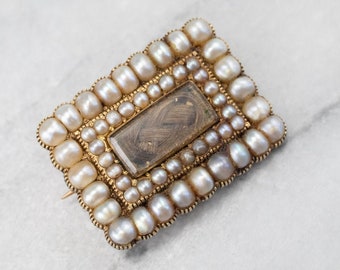 Victorian Mourning Brooch, 14K Gold, Seed Pearl, Hair Reliquary