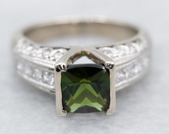 14K Weißgold Grüner Turmalin & Diamant Ring, Kissenschliff