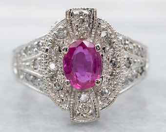 14K White Gold Pink Sapphire Diamond Halo Ring