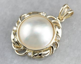 Bridal Diamond and Mabe Pearl Pendant, Vintage Pendant, Anniversary Gift 6CUFFRXY-N