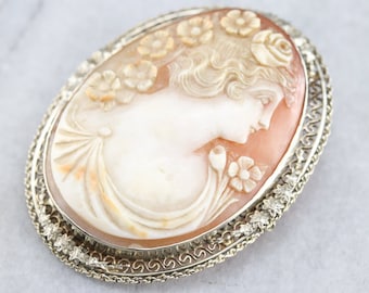 Art Deco 14K White Gold Shell Cameo Brooch Pendant