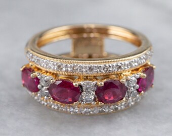 May include: A gold band ring featuring three oval-shaped ruby gemstones, each flanked by a row of small diamonds.