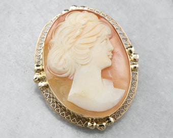 14K Yellow Gold Shell Cameo Pin Pendant, Retro Era Jewelry