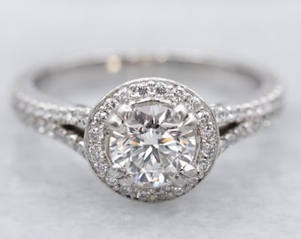 Könnte beinhalten: Ein silberner Verlobungsring mit einem runden Diamanten in der Mitte, der von einem Heiligenschein aus kleineren Diamanten umgeben ist. Die Ringschiene ist ebenfalls mit kleineren Diamanten besetzt.
