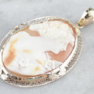 Vintage 10K Gold Shell Cameo Pendant, Filigree Estate Jewelry