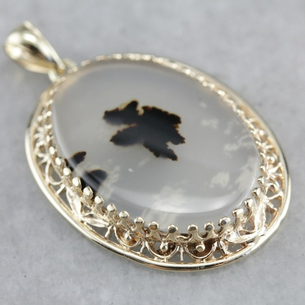 Montana Plume Agate Pendant, Yellow Gold Pendant, Cabochon Pendant, Filigree Pendant FA5ZVKHA